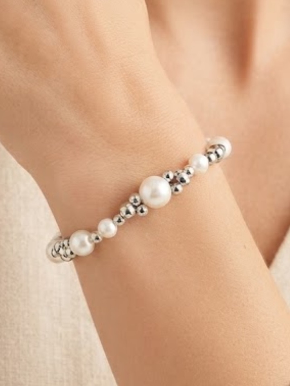 Classic Pearl and Silver Bead Stretch Bracelet - White